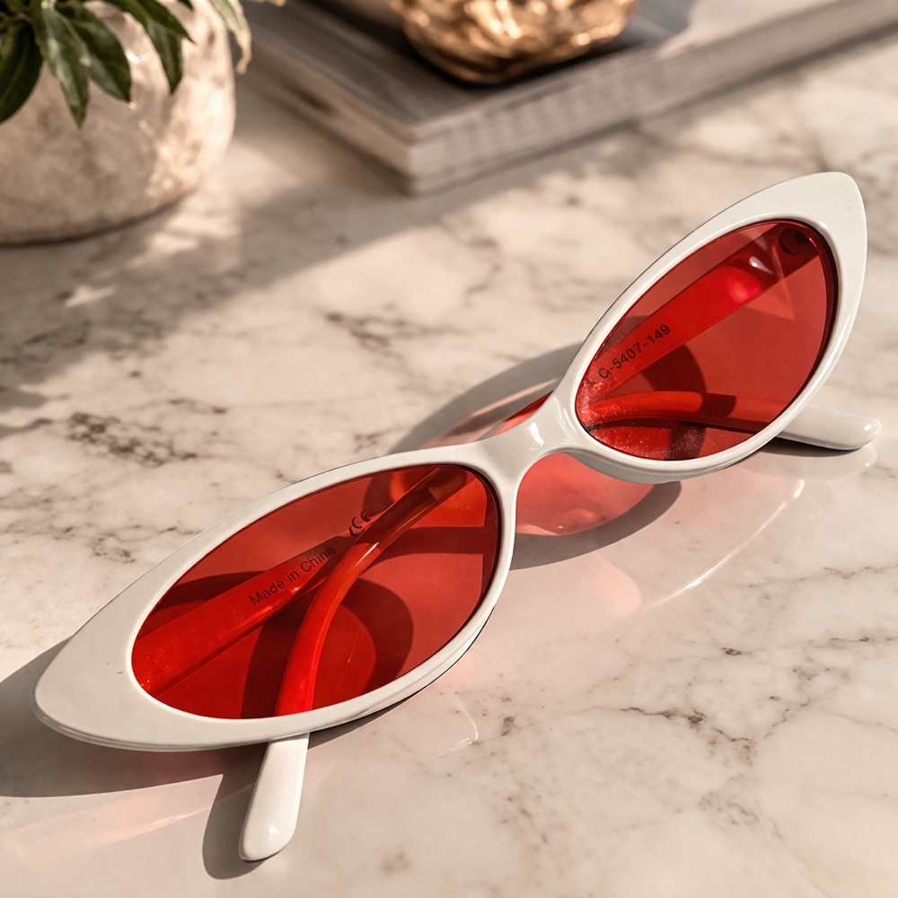 Cat Eye Sunglasses Oval Round Skinny Clout Goggles Small Glasses Pink and White